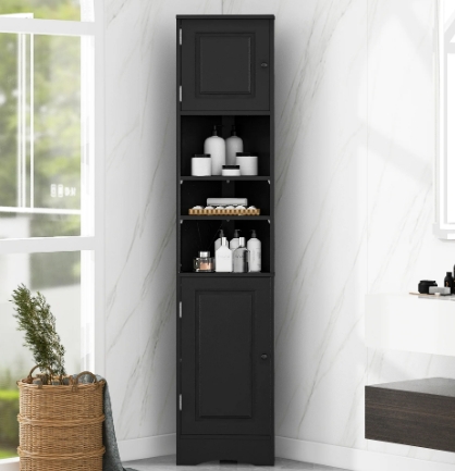 black bathroom corner cabinet