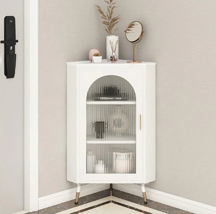 white corner hutch with glass doors