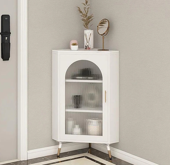 wood corner cabinet with glass doors