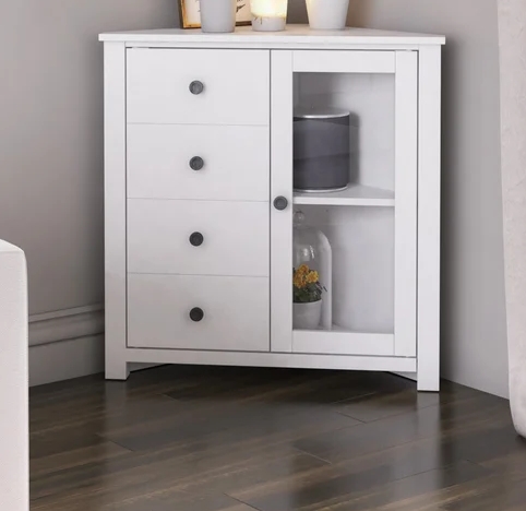 tall white corner cabinet with doors