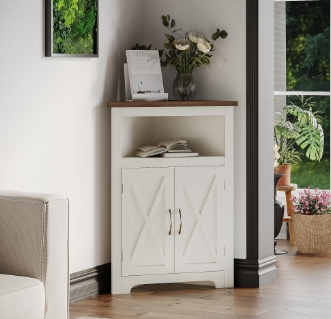 white farmhouse corner cabinet